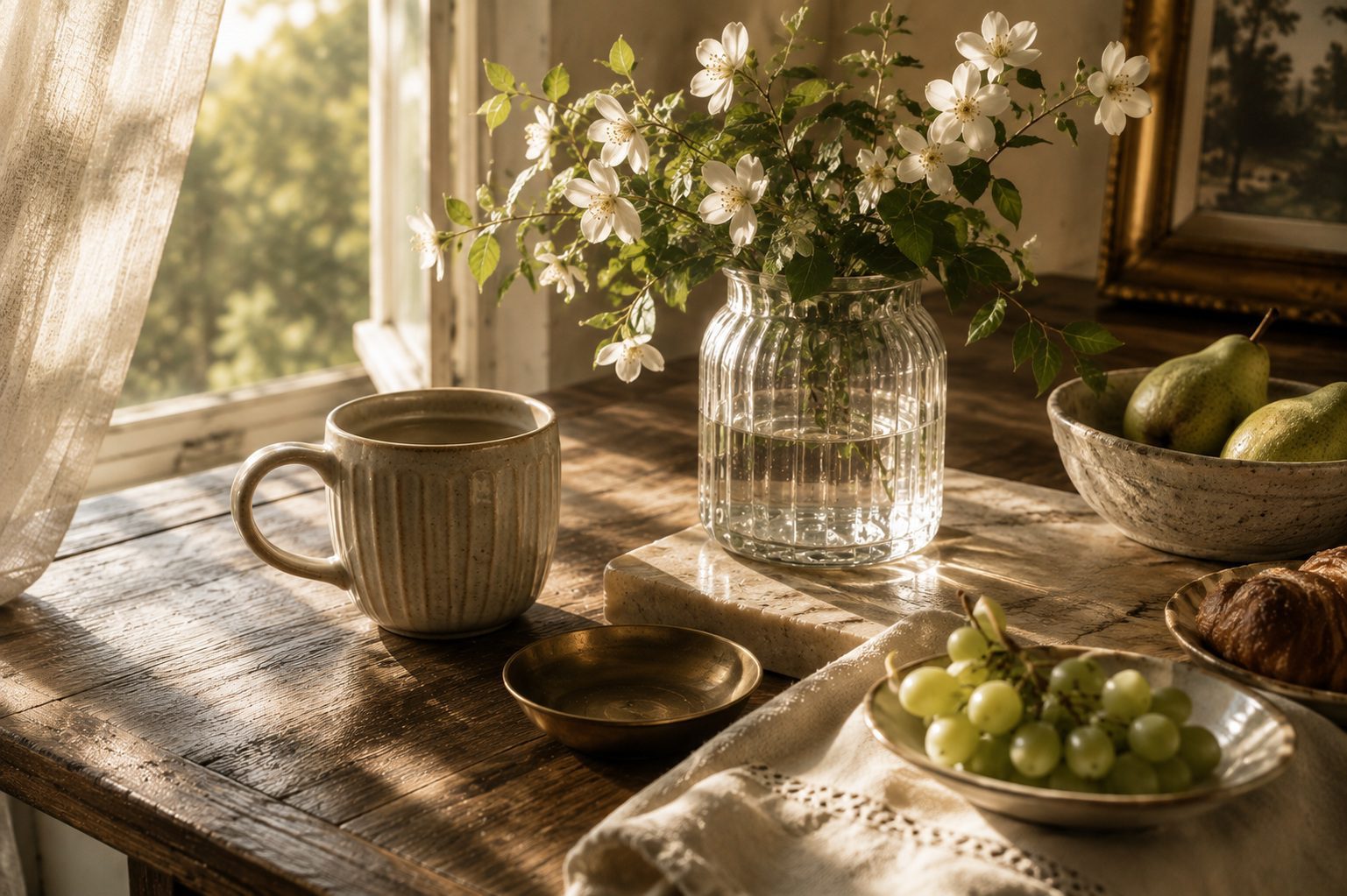 Before Noon: a sunlit breakfast table with a stoneware mug, white flowers and green grapes