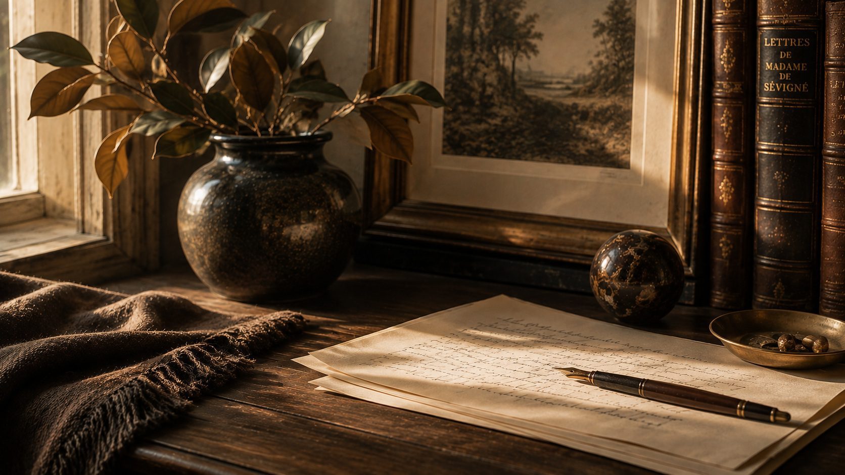 Between Chapters: a writing desk with letters, a fountain pen and a dark stoneware vase