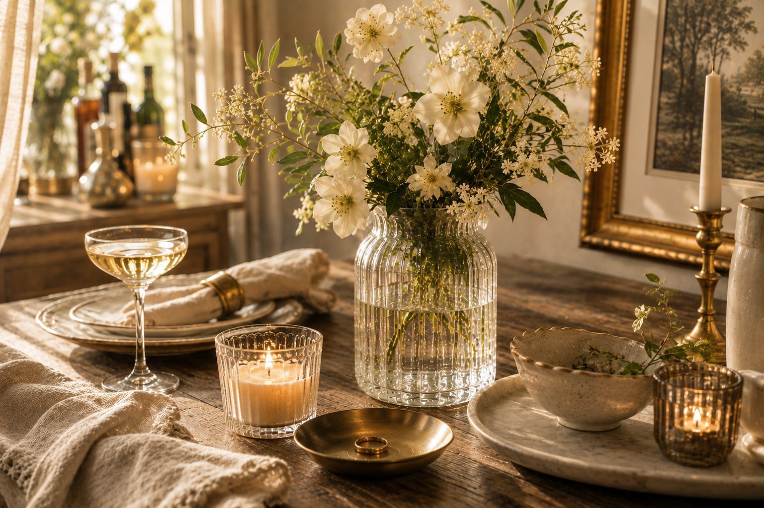 The Invitation: a candlelit dining table with coupe glasses, linen napkins and white blossoms
